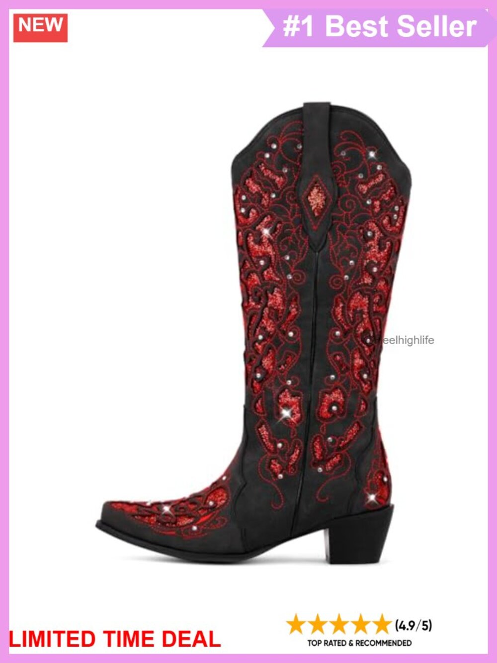 Rhinestone Mid Calf Cowboy Boots Chunky Heel Leather Western Boots
